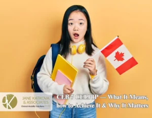 A young woman holds a Canadian flag, notebooks, and wears headphones to illustrate a guide on achieving a CLB 7 score on the CELPIP exam for Canadian immigration.