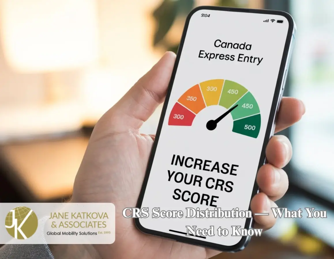 a mobile phone displaying a graphic related to the Canada Express Entry system. It features a CRS score gauge with a reading of 450, and text urging to "Increase your CRS score."