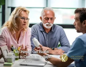 Two senior parents discuss health insurance options with an expert in Canada, focusing on coverage for Super Visa holders. The image highlights a consultation setting with Jane Katkova & Associates branding.