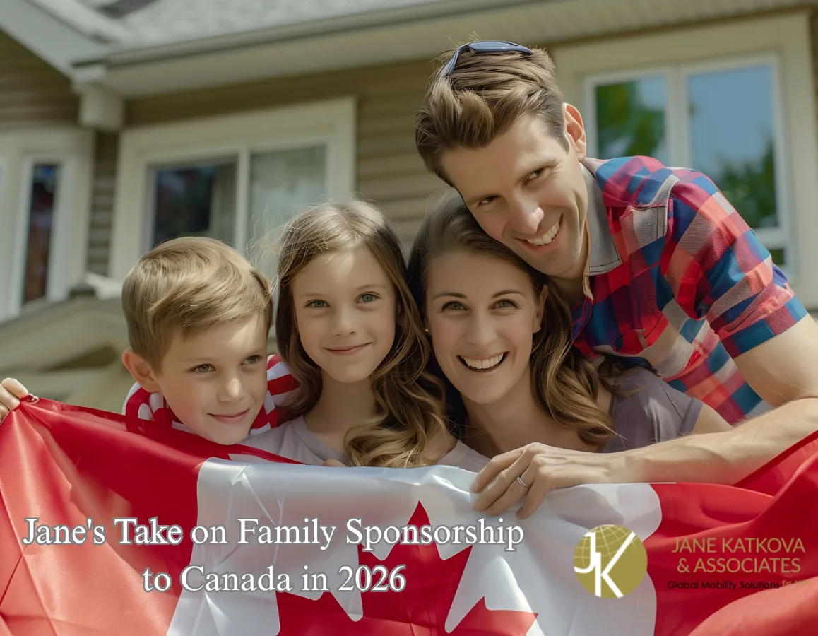 A happy family holding the Canadian flag, representing the concept of family sponsorship to Canada in 2026. The image features a father, mother, and two children in front of their home, with Jane Katkova & Associates branding.