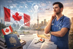 Healthcare professional reviewing visa and work permit documents with Canadian flag and Toronto skyline, symbolizing navigating Canada’s immigration system for healthcare workers.