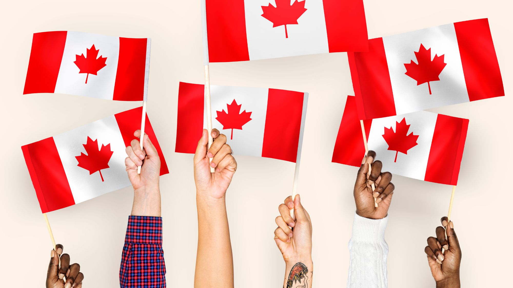 Multiple people holding Canadian flags in a celebration of the richest city in Canada