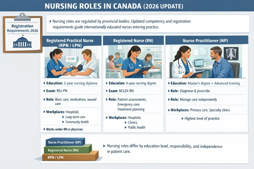 Infographic comparing nursing roles in Canada (2026): RPN/LPN, RN, and NP, showing education, responsibilities, workplaces, and career progression from basic care to advanced independent practice.