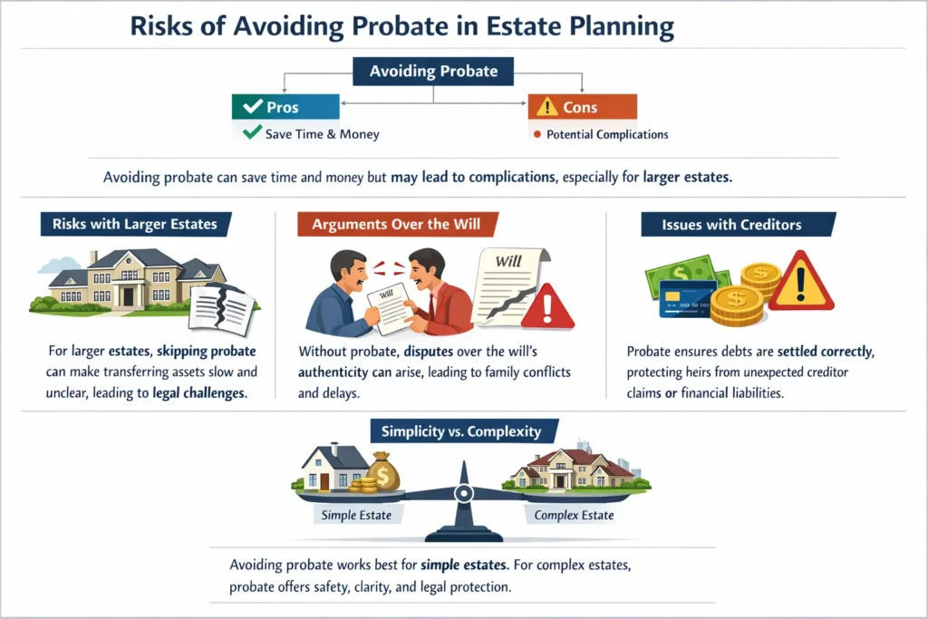 Infographic on the risks of avoiding probate in estate planning, highlighting complications for larger estates, will disputes, and creditor issues.