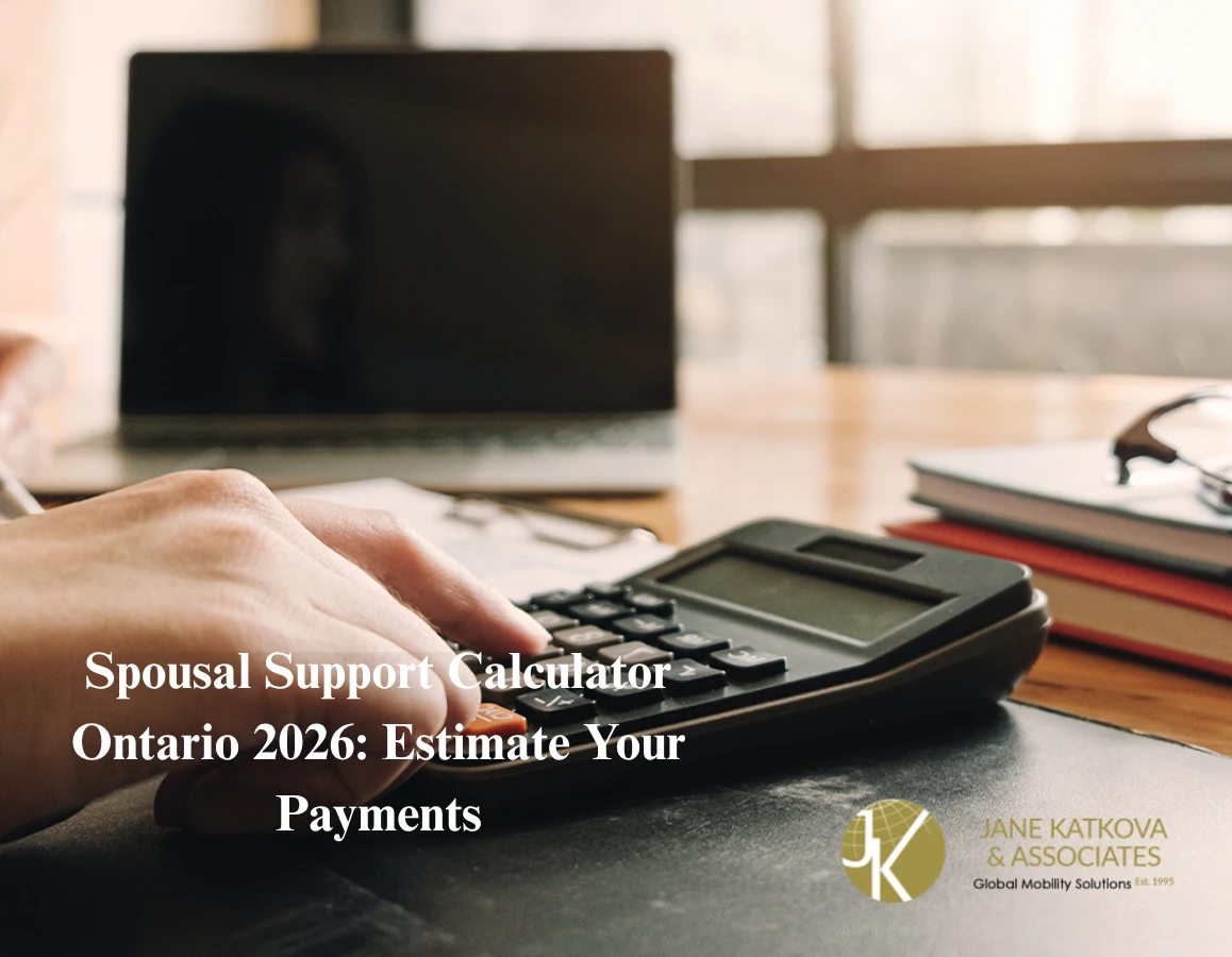 Spousal support calculator Ontario guide with financial icons, legal documents, and a smiling couple.