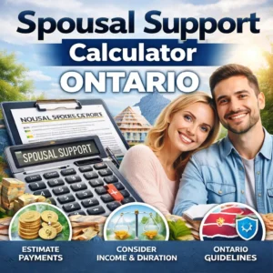 Spousal support calculator Ontario guide with financial icons, legal documents, and a smiling couple.
