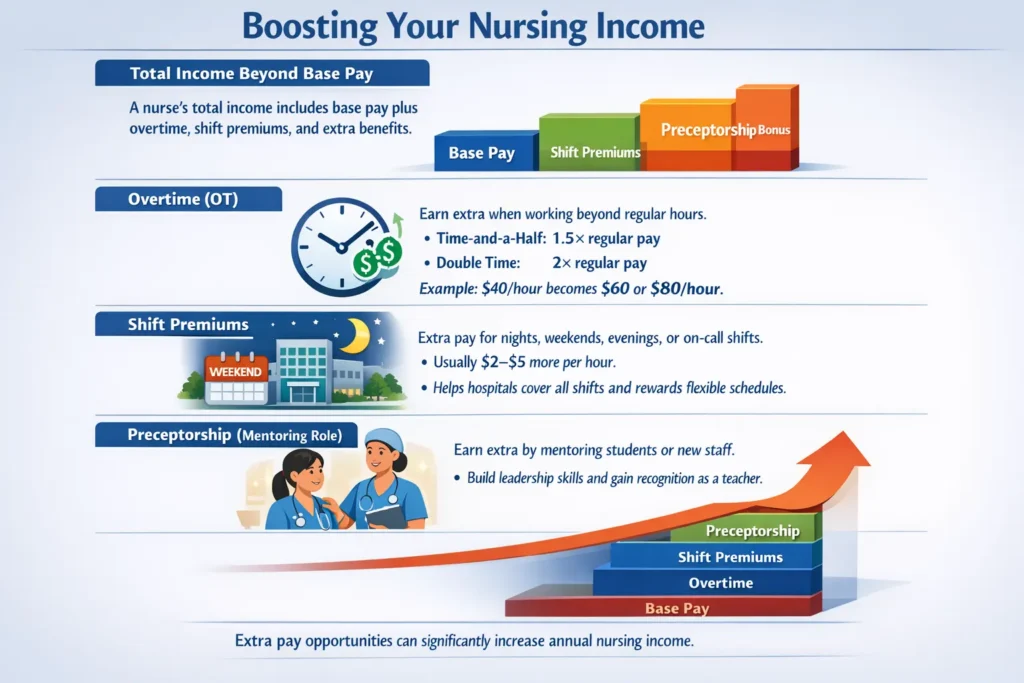 Educational infographic showing how nurses increase total income beyond base pay through overtime, shift premiums, and preceptorship, with charts and financial icons.
