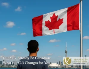 Individual standing before the Canadian flag, contemplating the changes brought by Bill C-3. The image represents the potential impact of the bill on Canadian citizenship and residency, with Jane Katkova & Associates branding.
