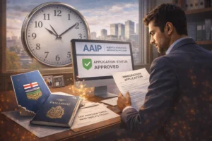 a computer screen showing the AAIP application status, and a map of Alberta, symbolizing the processing time for Alberta Advantage Immigration Program.