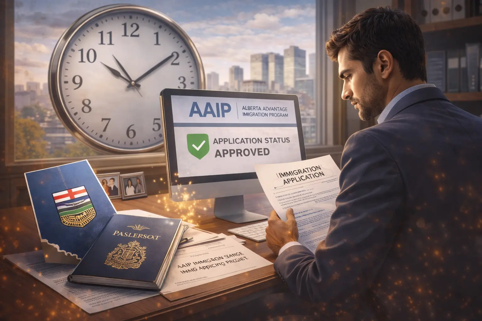 a computer screen showing the AAIP application status, and a map of Alberta, symbolizing the processing time for Alberta Advantage Immigration Program.