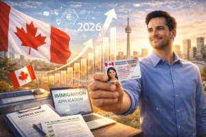An individual holding a Canadian permanent residency card in front of iconic landmarks, with digital forms, arrows, and a Canadian flag representing fast-track immigration programs and strategies for success in 2026.