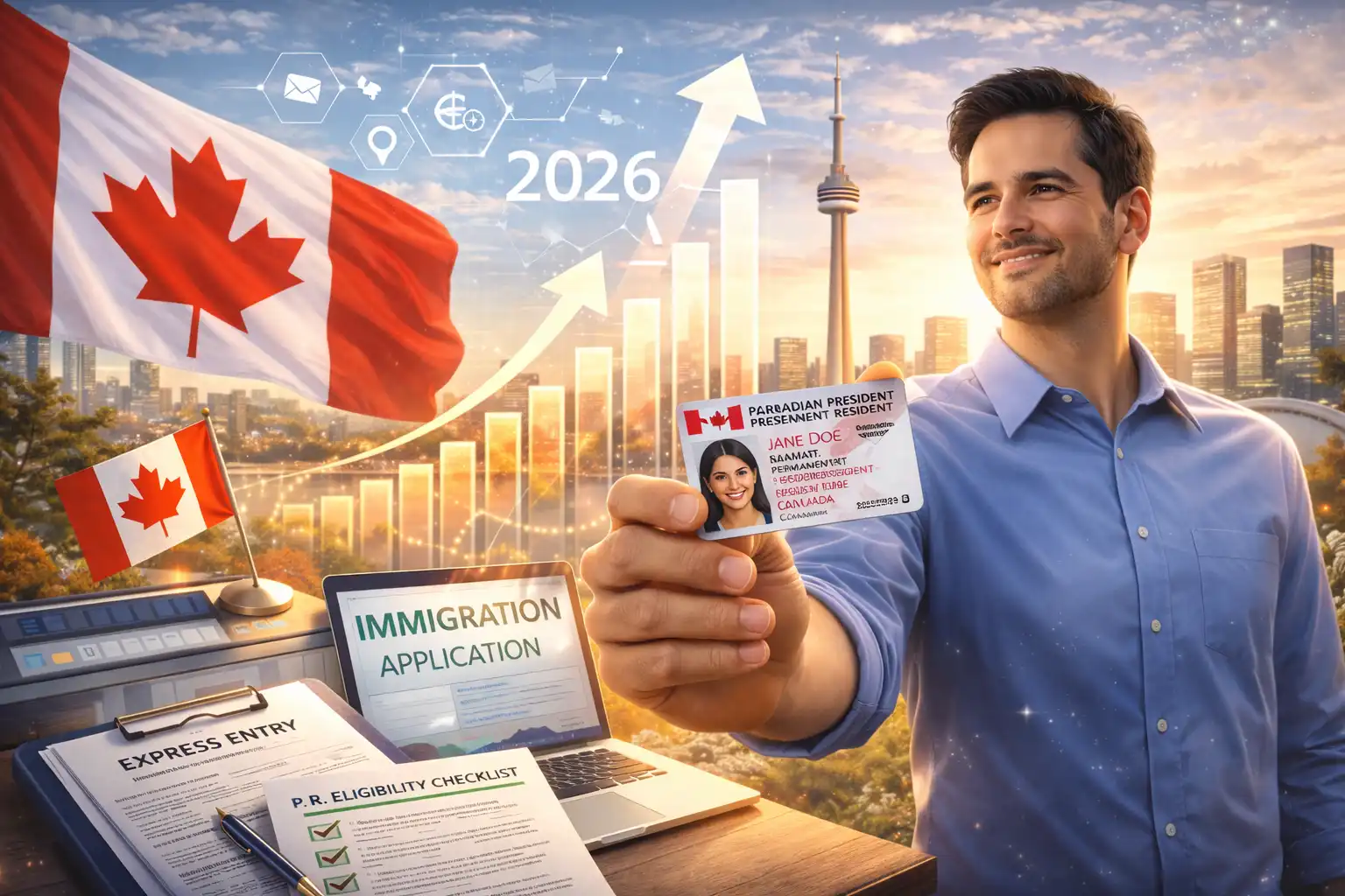 An individual holding a Canadian permanent residency card in front of iconic landmarks, with digital forms, arrows, and a Canadian flag representing fast-track immigration programs and strategies for success in 2026.