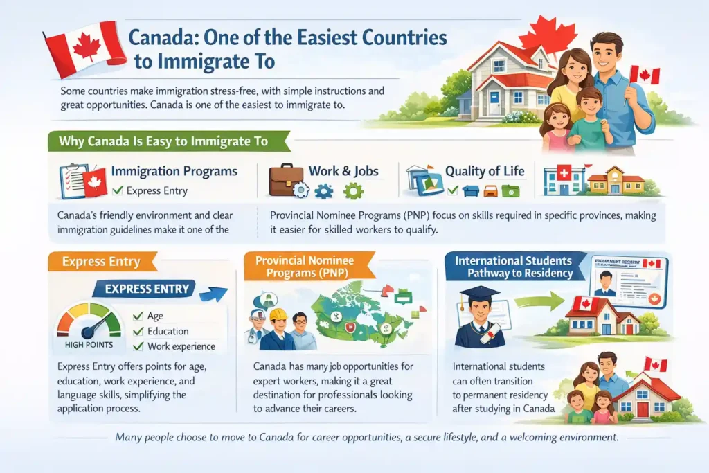 why Canada is one of the easiest countries to immigrate to, including Express Entry, Provincial Nominee Programs, job opportunities, and benefits for international students and families.