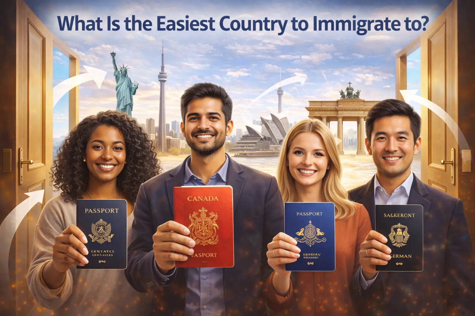 A diverse group of people holding passports from different countries with iconic landmarks like the Statue of Liberty, CN Tower, Sydney Opera House, and Brandenburg Gate, symbolizing the ease of immigration to various countries.