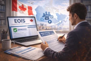 An individual reviewing immigration forms with a laptop displaying the EOIS system, surrounded by a Canadian flag, map of Canada, and symbols of employment opportunities, representing the EOIS system in immigration and employment.