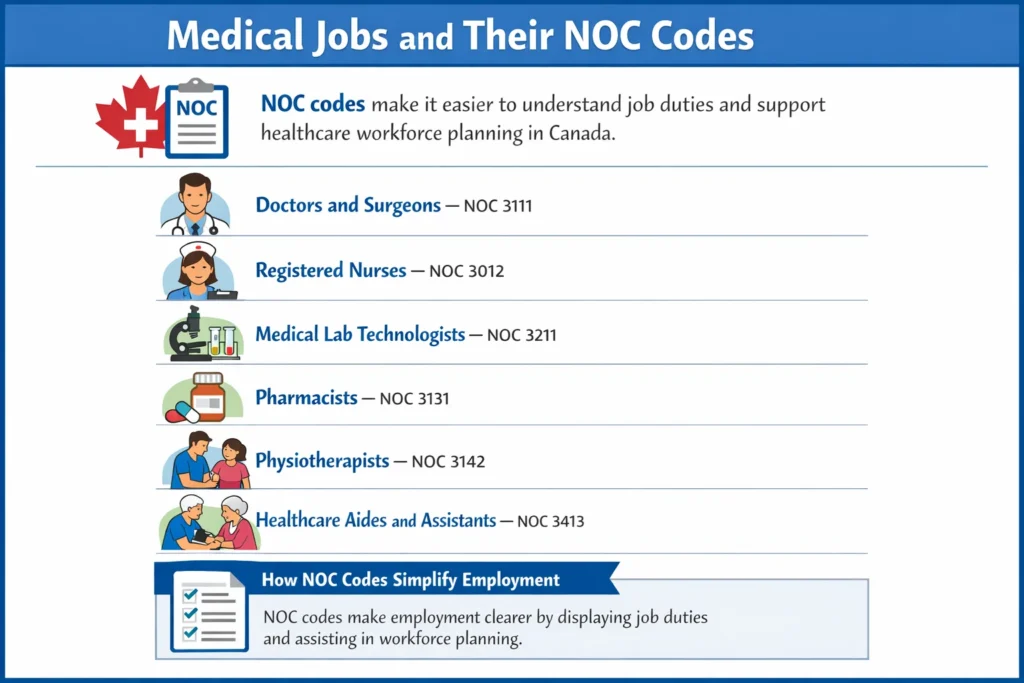 medical jobs and their NOC codes, including doctors, nurses, lab technologists, pharmacists, physiotherapists, and healthcare aides.