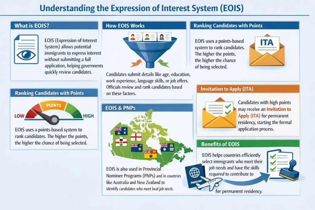 how the Expression of Interest System (EOIS) works in immigration, including how candidates are ranked, how they can get an Invitation to Apply (ITA), and its use in Canada’s Express Entry and Provincial Nominee Programs (PNPs).