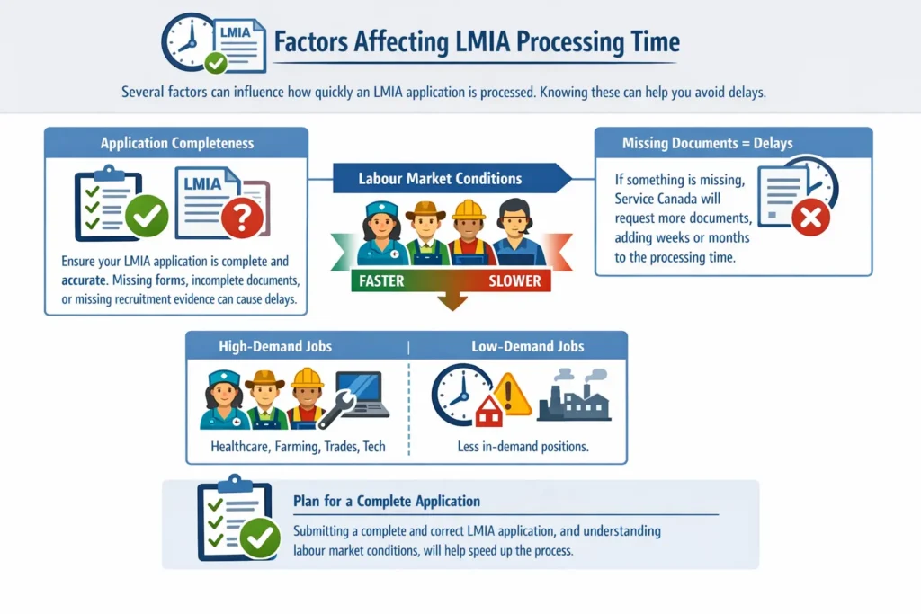 Infographic showing factors that affect LMIA processing time, including application completeness, labour market conditions, and high-demand jobs like healthcare, trades, and technology.