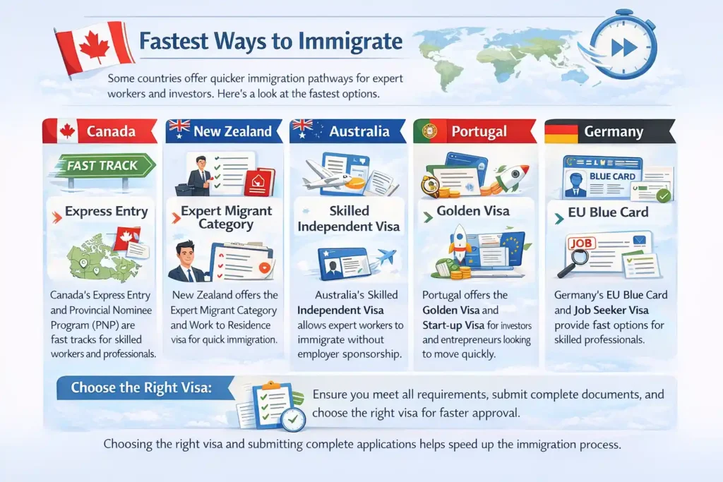 fastest immigration options for Canada, New Zealand, Australia, Portugal, and Germany, including visa programs like Express Entry, Golden Visa, and Skilled Independent Visa.