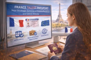 A young professional holding a France Talent Passport, standing with iconic French landmarks like the Eiffel Tower and Arc de Triomphe in the background, symbolizing the strategic gateway to European residency and global mobility.