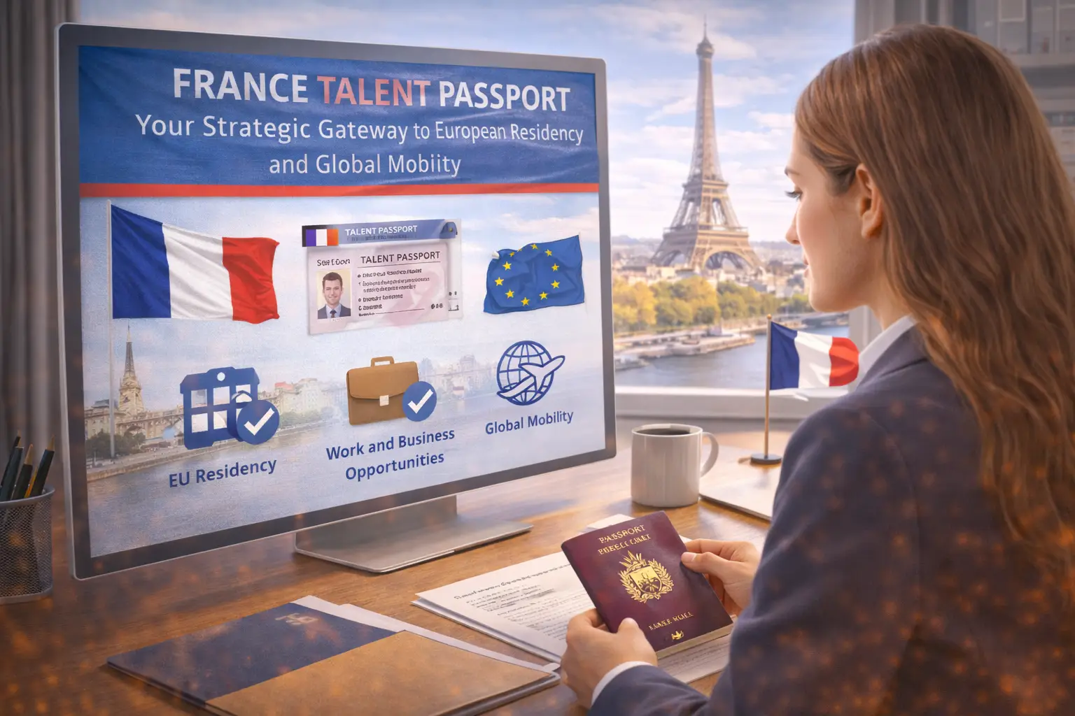 A young professional holding a France Talent Passport, standing with iconic French landmarks like the Eiffel Tower and Arc de Triomphe in the background, symbolizing the strategic gateway to European residency and global mobility.
