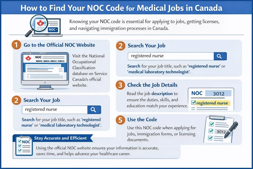 NOCS code for medical jobs, including steps for searching the official NOC website, checking job details, and using the code for job applications, licensing, and immigration.