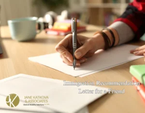 A person writing an immigration recommendation letter for a friend in an office, with a Canadian flag and immigration documents in the background, symbolizing support for a friend's immigration application.