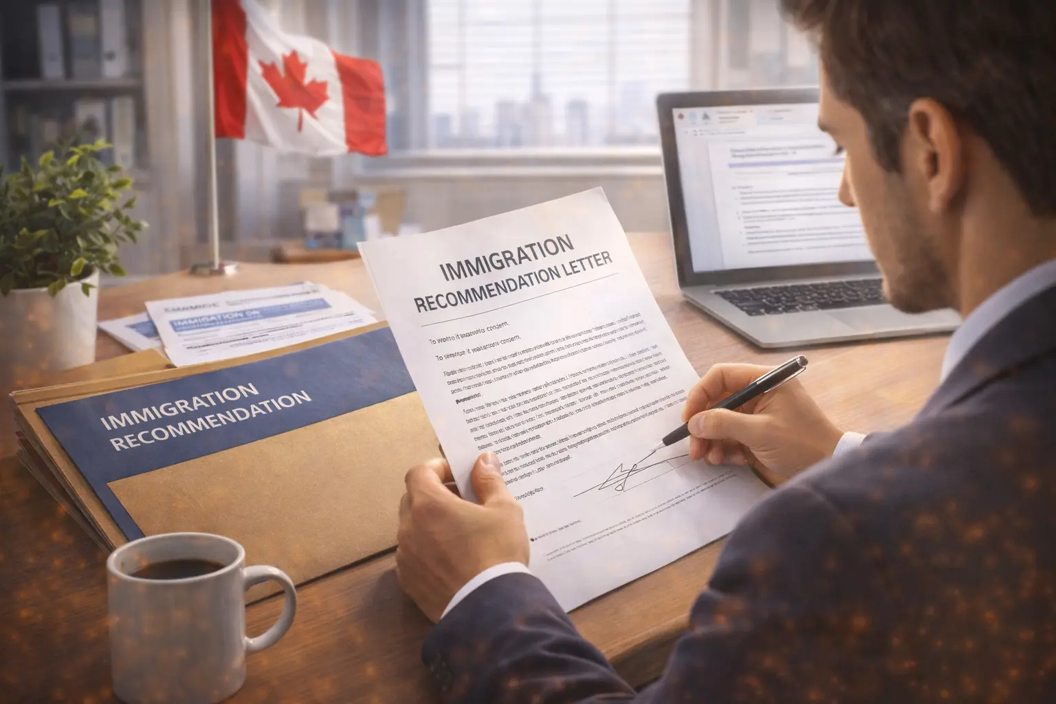 A person writing an immigration recommendation letter for a friend in an office, with a Canadian flag and immigration documents in the background, symbolizing support for a friend's immigration application.
