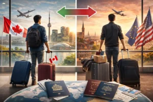 An illustration showing the contrast between immigration and emigration, featuring airports, luggage, passports, and landscapes symbolizing both moving into a new country and leaving one's home country.