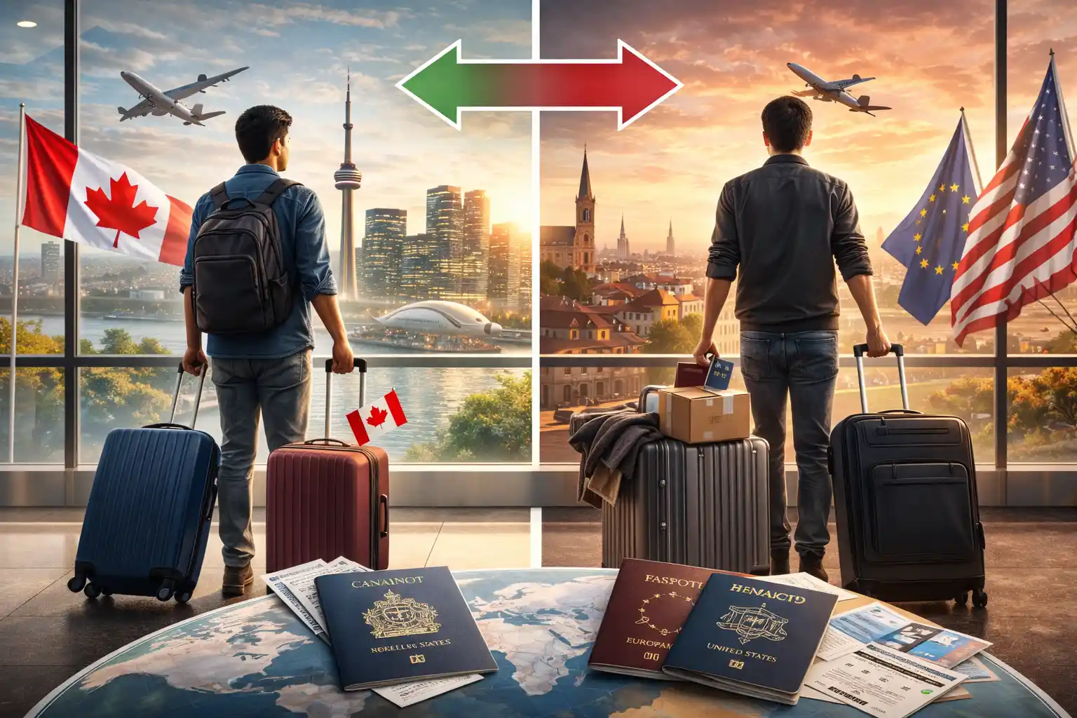An illustration showing the contrast between immigration and emigration, featuring airports, luggage, passports, and landscapes symbolizing both moving into a new country and leaving one's home country.