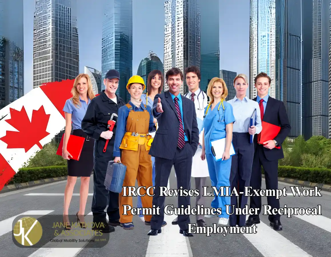 IRCC Revises LMIA-Exempt Work Permit Guidelines: A Canadian immigration officer assisting a couple, with the woman holding an approved work permit document in an office setting, with Canadian flags in the background.