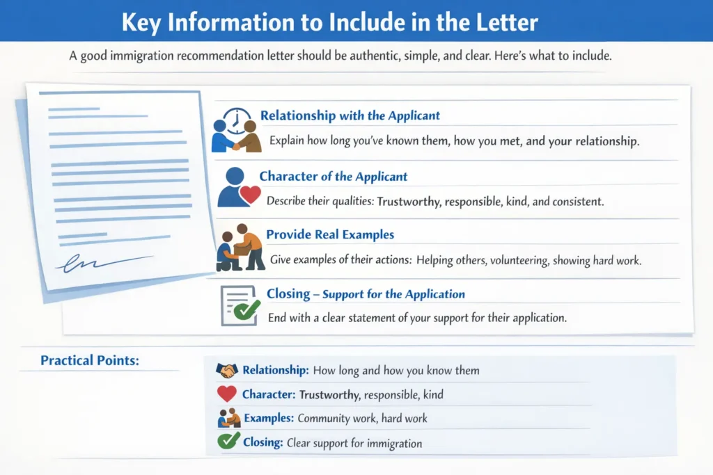 Infographic explaining the key information to include in an immigration recommendation letter, such as relationship, character, real-life examples, and closing support.