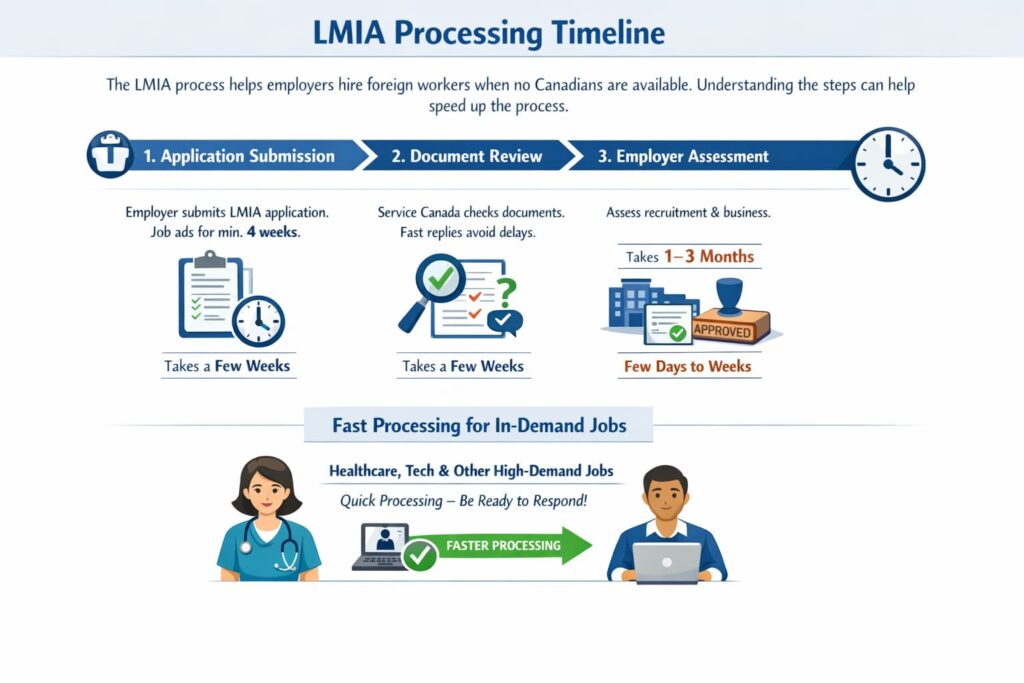 LMIA processing timeline, including steps like application submission, document review, employer assessment, and final decision, with tips to avoid delays.