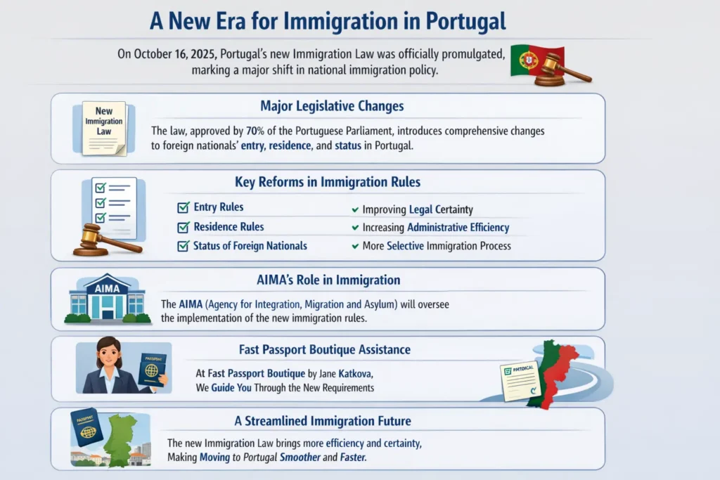 Infographic explaining the new Immigration Law in Portugal, including key reforms to immigration rules, the role of AIMA, and assistance available from Fast Passport Boutique.