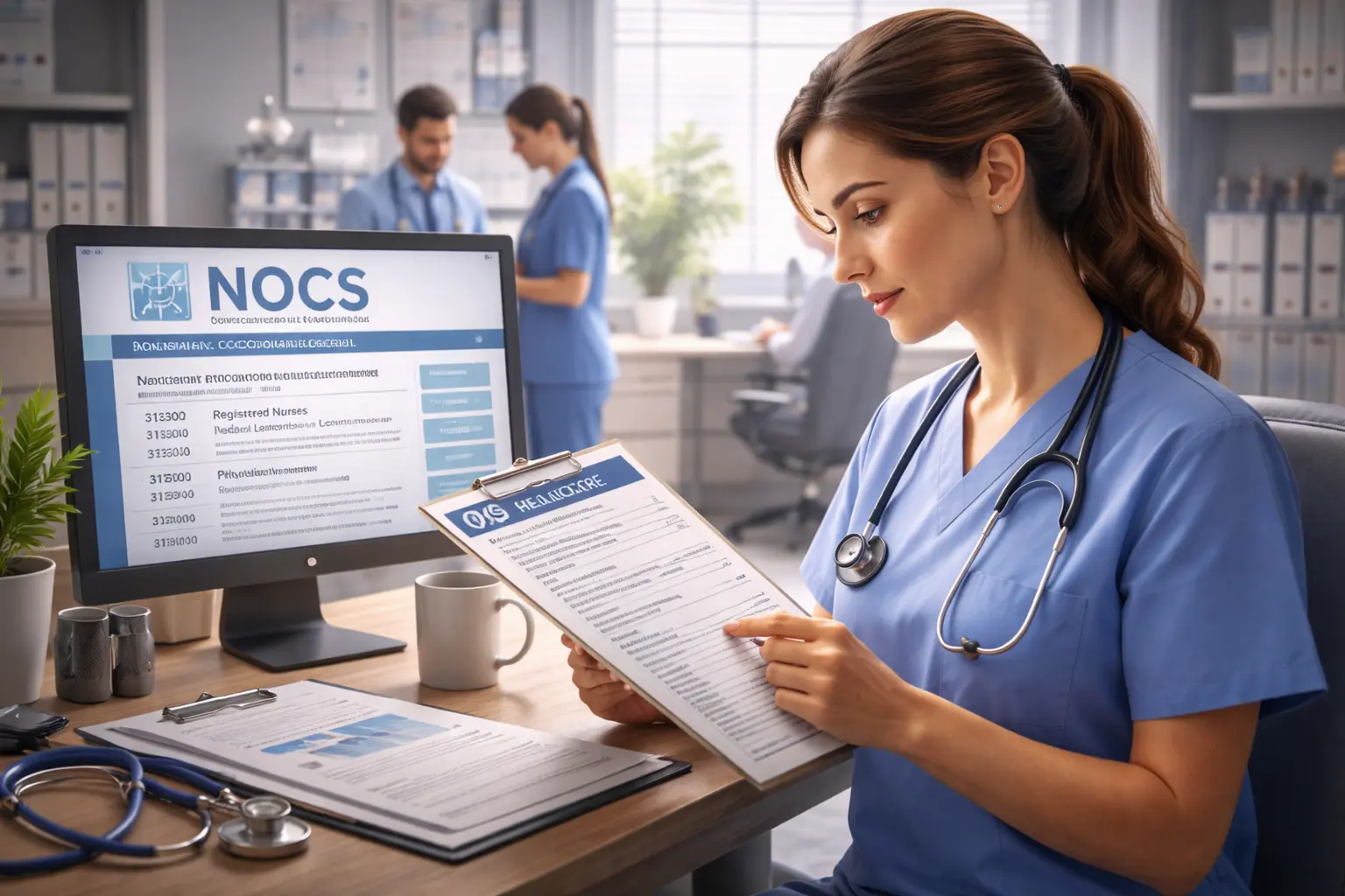 A healthcare professional reviewing the NOCS chart in a medical office, with medical tools, professionals working together, and a digital display of the NOCS system, symbolizing the understanding of the National Occupational Classification System in healthcare.