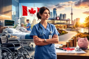 A professional nurse in a Canadian hospital setting, highlighting career opportunities in nursing, with medical equipment and a welcoming environment.