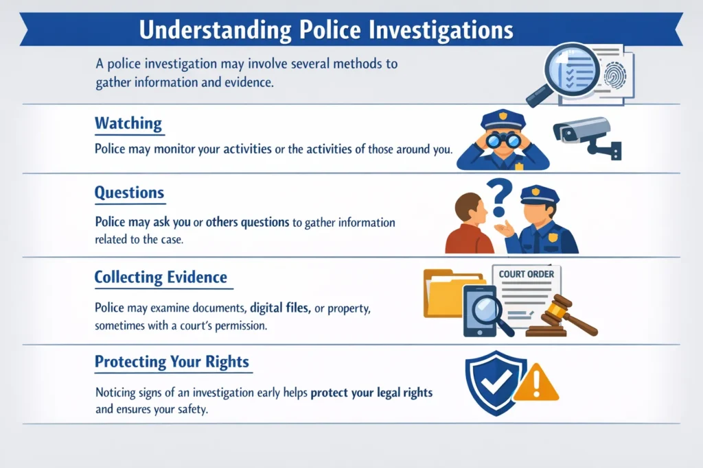 Infographic showing key stages of a police investigation, including watching, questioning, and collecting evidence, with tips on protecting legal rights.