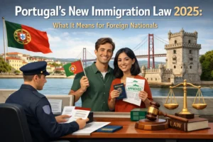 Portugal's New Immigration Law 2025: A smiling couple holding approved immigration documents, with a Portuguese immigration officer and the Belém Tower and 25 de Abril Bridge in the background.
