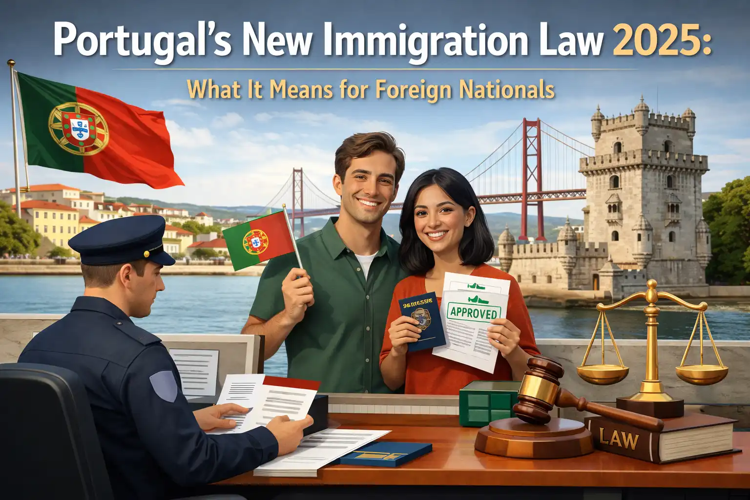 Portugal's New Immigration Law 2025: A smiling couple holding approved immigration documents, with a Portuguese immigration officer and the Belém Tower and 25 de Abril Bridge in the background.