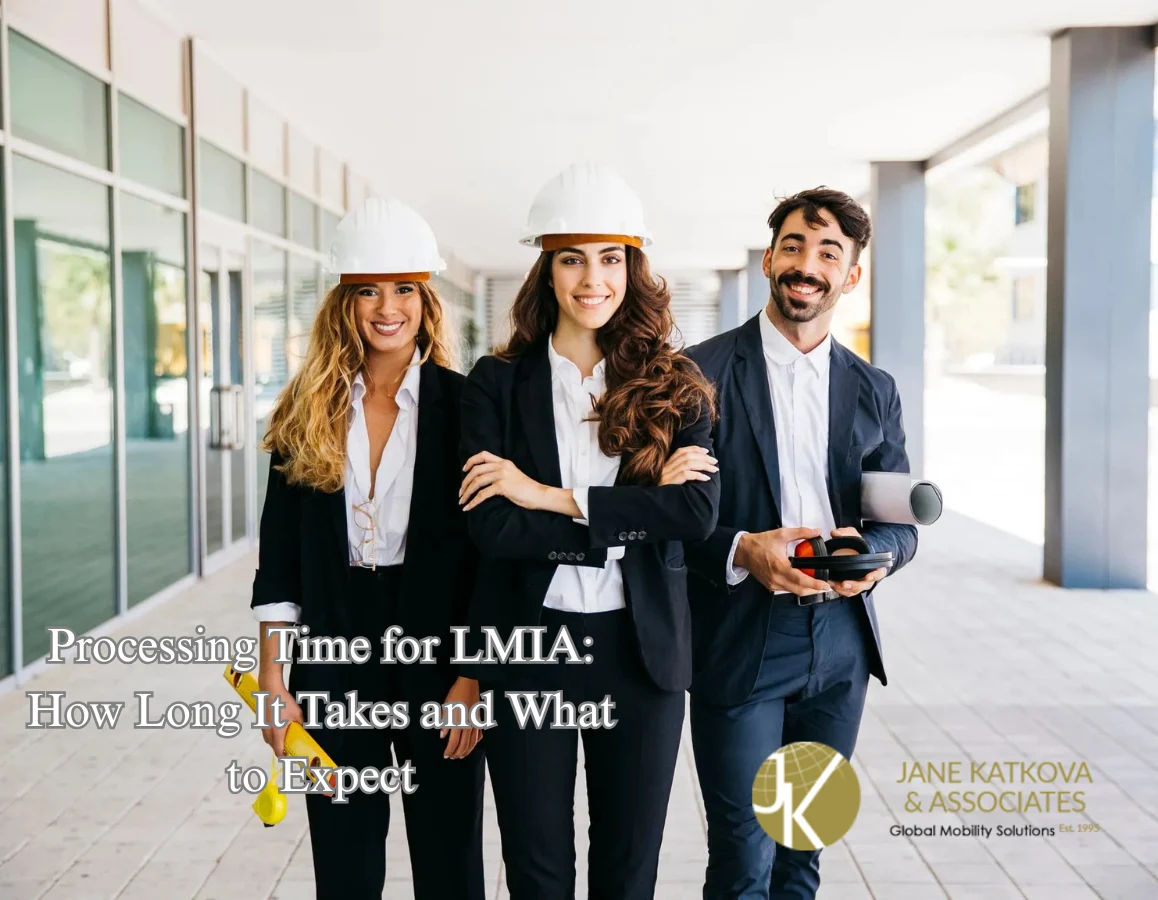 A professional reviewing an LMIA application at a desk, with a clock and Canadian immigration documents in the background, symbolizing the processing time for LMIA and the application process.