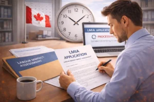 A professional reviewing an LMIA application at a desk, with a clock and Canadian immigration documents in the background, symbolizing the processing time for LMIA and the application process.