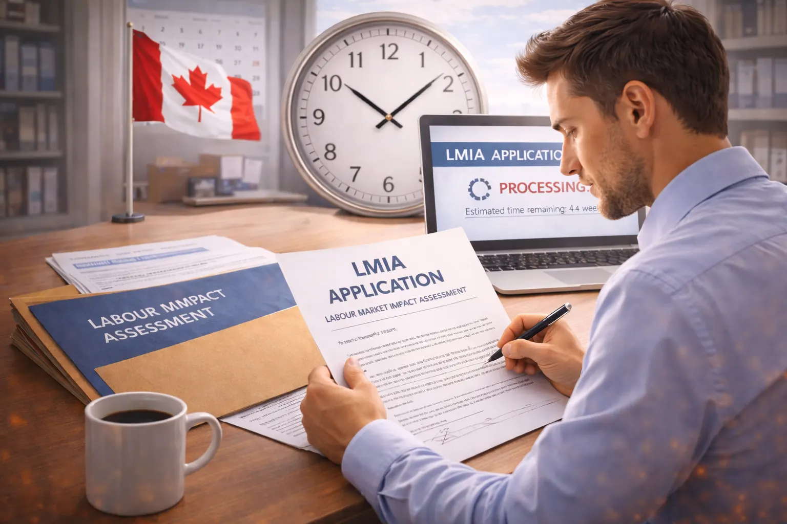 A professional reviewing an LMIA application at a desk, with a clock and Canadian immigration documents in the background, symbolizing the processing time for LMIA and the application process.