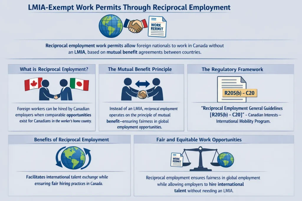 Infographic explaining LMIA-exempt work permits through reciprocal employment under the International Mobility Program (IMP), including the mutual benefit principle and regulatory updates.