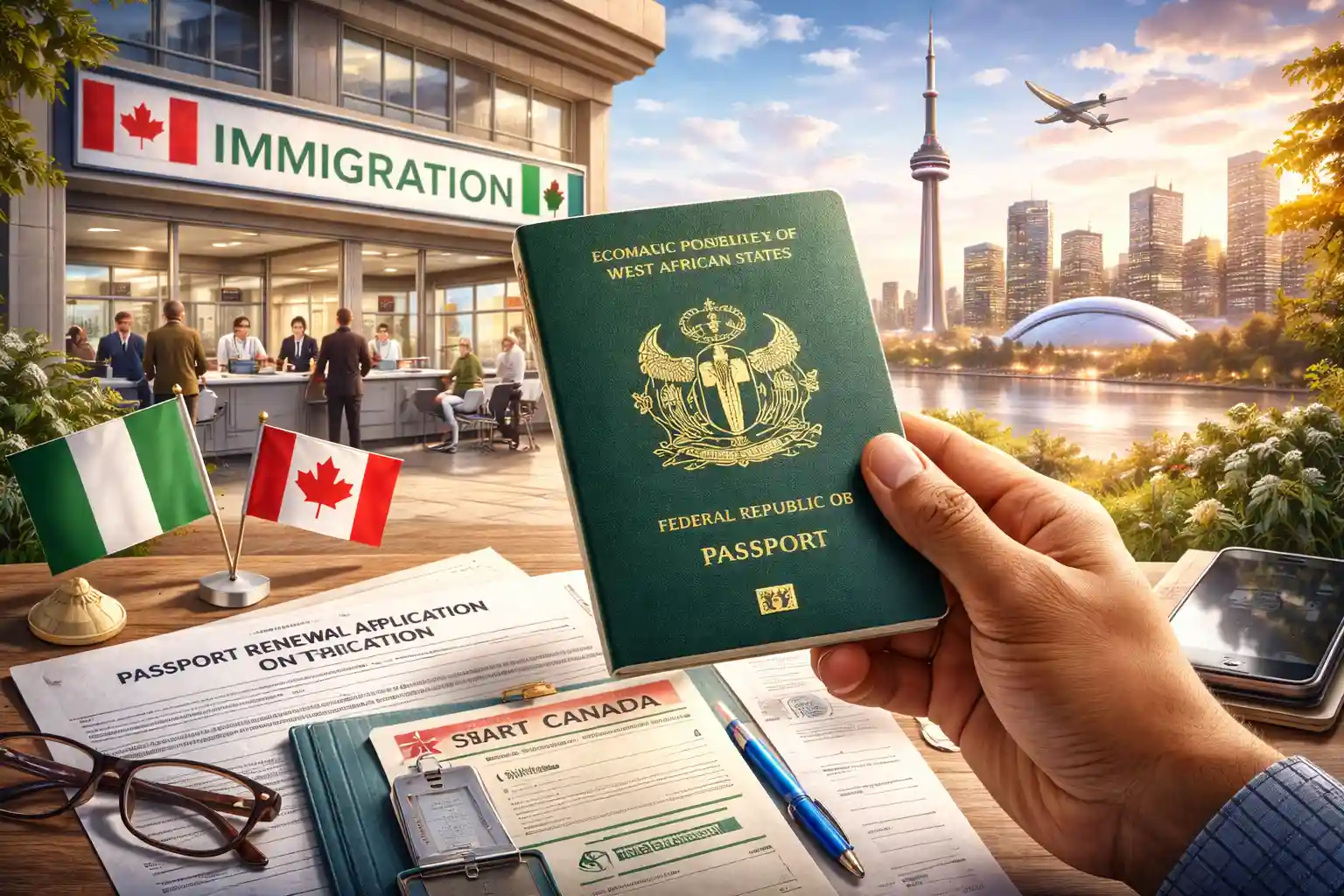 A person holding a Nigerian passport in front of Canadian landmarks, with passport renewal forms and immigration documents, symbolizing the process of renewing a Nigerian passport in Canada.