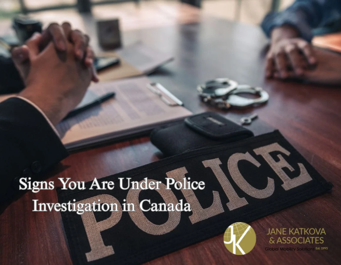 An individual with a tense expression, standing near a police officer and symbols of investigation, such as a magnifying glass, police badge, and legal documents, indicating signs of a police investigation in Canada.