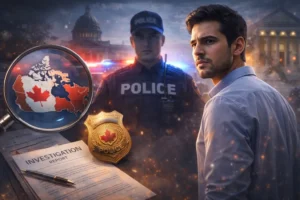 An individual with a tense expression, standing near a police officer and symbols of investigation, such as a magnifying glass, police badge, and legal documents, indicating signs of a police investigation in Canada.