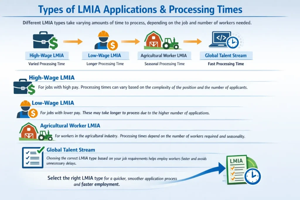 Infographic showing the different types of LMIA applications, including High-Wage, Low-Wage, Agricultural Worker, and Global Talent Stream, with their corresponding processing times.