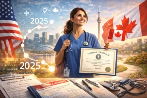 A U.S.-educated nurse holding a nursing certificate and a Canadian flag, with a background featuring the CN Tower, medical forms, and a symbolic timeline representing the path to licensure and immigration to Canada in 2025-2026.