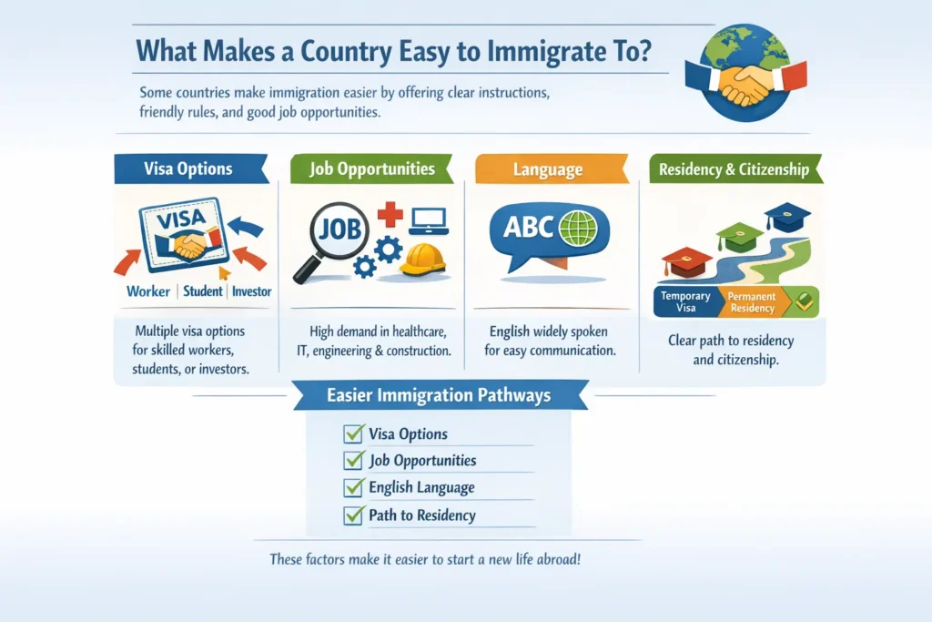 Infographic showing factors that make a country easy to immigrate to, including visa options, job opportunities, language, and residency processes.