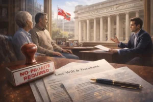 A lawyer's desk with legal documents and a 'no probate required' stamp, set against the Ontario Court of Justice, representing situations where probate is not required in Ontario.